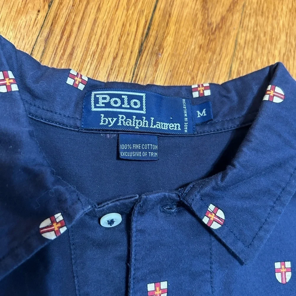 Ralph Lauren Polo Shirt Adult Medium Navy Allover Crest Print Fine Cotton Shirt